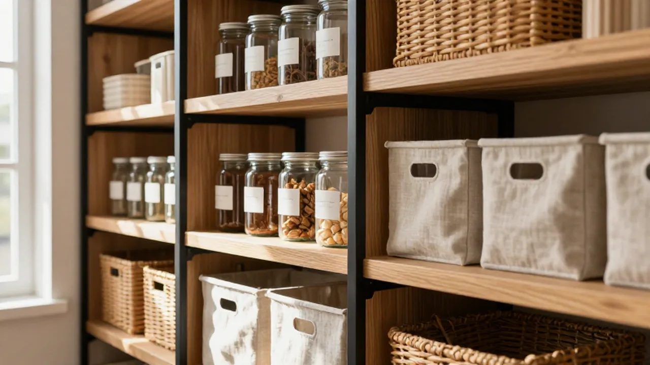 Estantes de madera y metal con frascos de vidrio y cestas de mimbre perfectamente organizados.