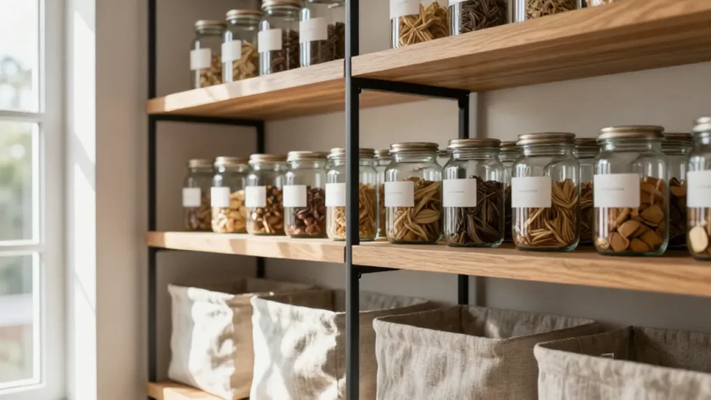 Despensa moderna y organizada con estantes de madera y frascos de vidrio bajo la luz natural.