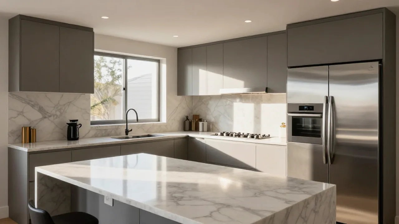Cocina moderna y minimalista con encimeras de mármol, electrodomésticos de acero y luz natural.
