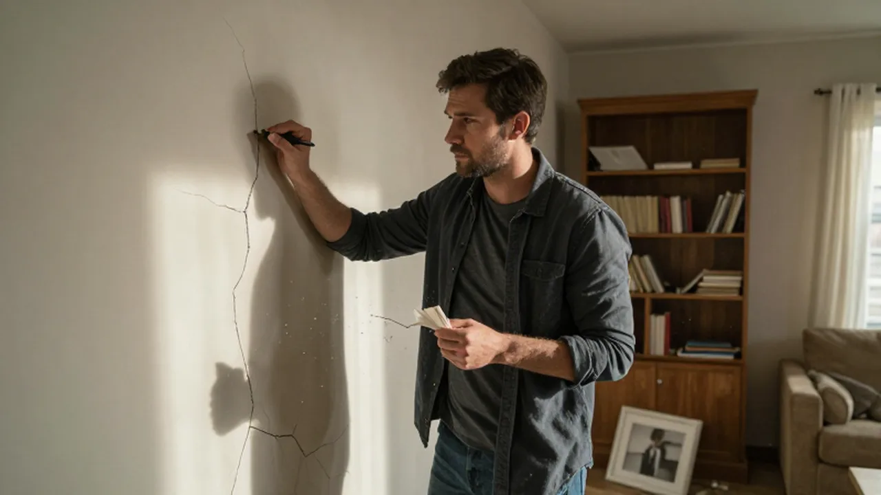 Dueño de casa inspeccionando grietas y daños en el salón tras un terremoto.