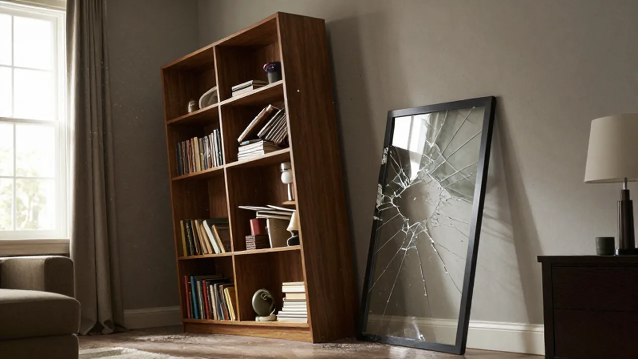 Estante de madera volcándose en una sala de estar mientras libros y objetos caen durante un terremoto.