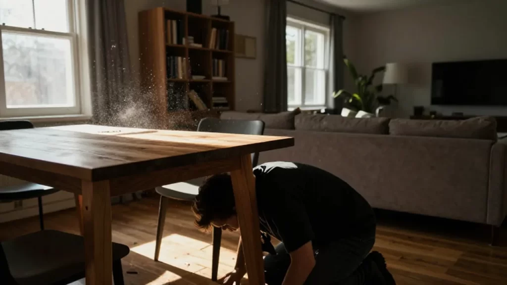 Persona protegiéndose bajo una mesa de madera en una sala de estar durante un terremoto.