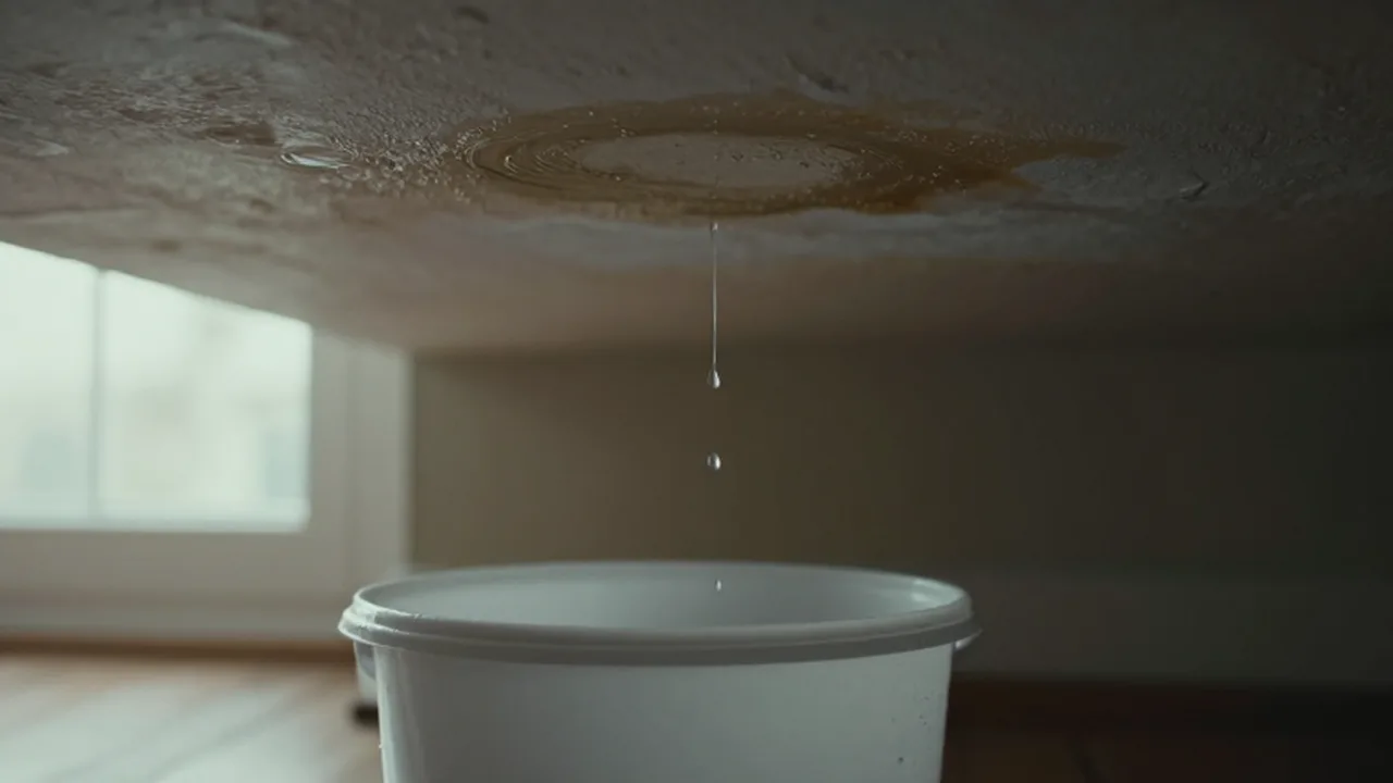 Gotera de agua cayendo desde un techo manchado hacia un cubo de plástico blanco.