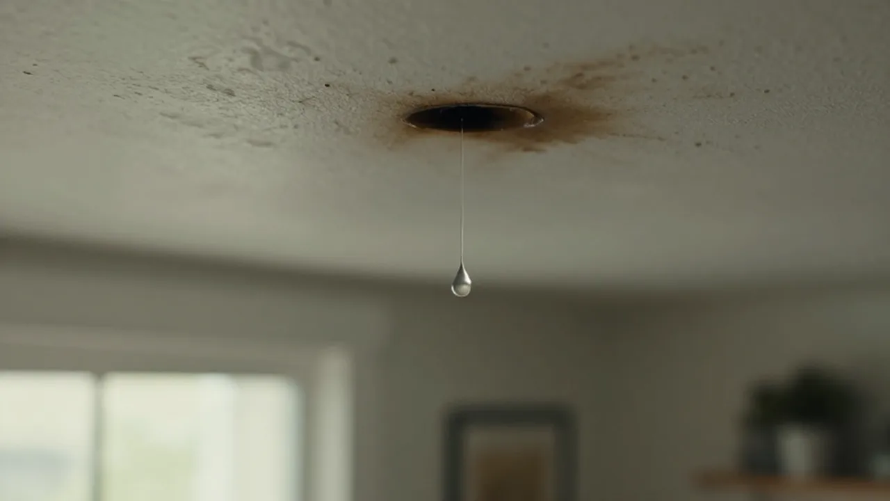 Una gota de agua pesada cuelga de un techo blanco manchado por una filtración.