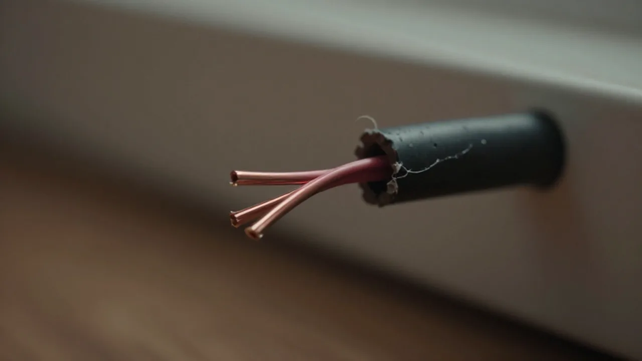 Cable eléctrico con el aislamiento de plástico dañado y filamentos de cobre expuestos en el suelo.