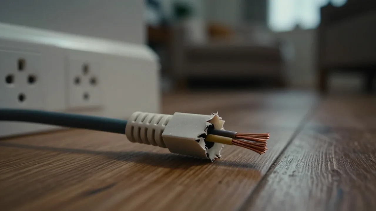 Cable eléctrico dañado con cables de cobre expuestos sobre un suelo de madera junto a un enchufe.