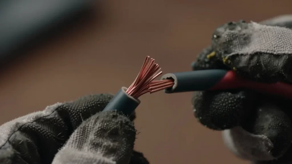Unas manos con guantes de protección inspeccionan un cable eléctrico deshilachado con los hilos de cobre expuestos.