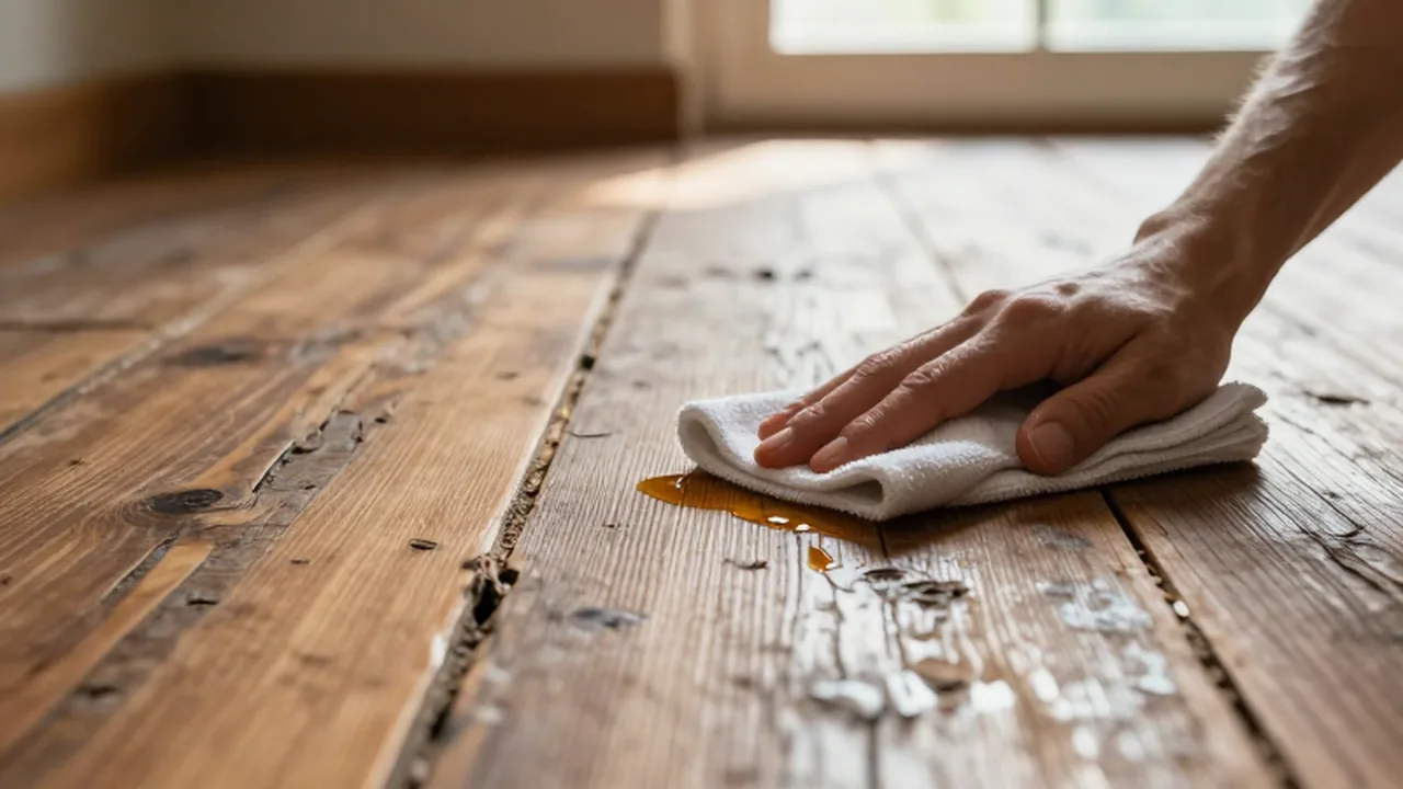 Una mano aplica aceite con un paño sobre un suelo de madera desgastado bajo la luz del sol.