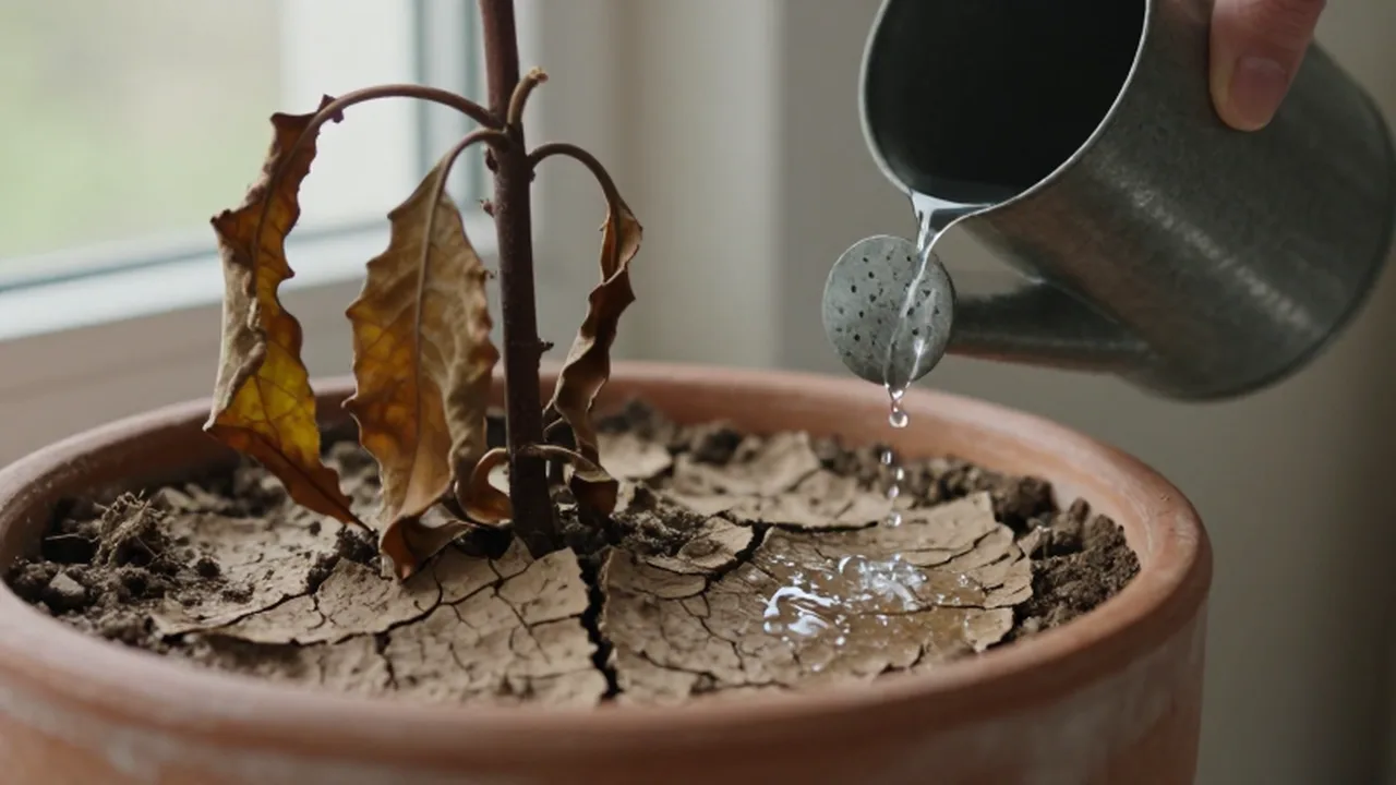 Una mano vierte agua sobre una planta marchita con hojas secas y tierra agrietada.