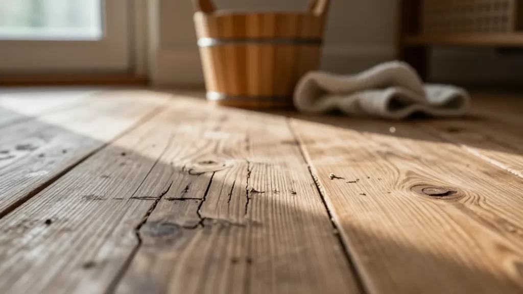 Suelo de madera seca con pequeñas grietas iluminado por la luz natural de la mañana.