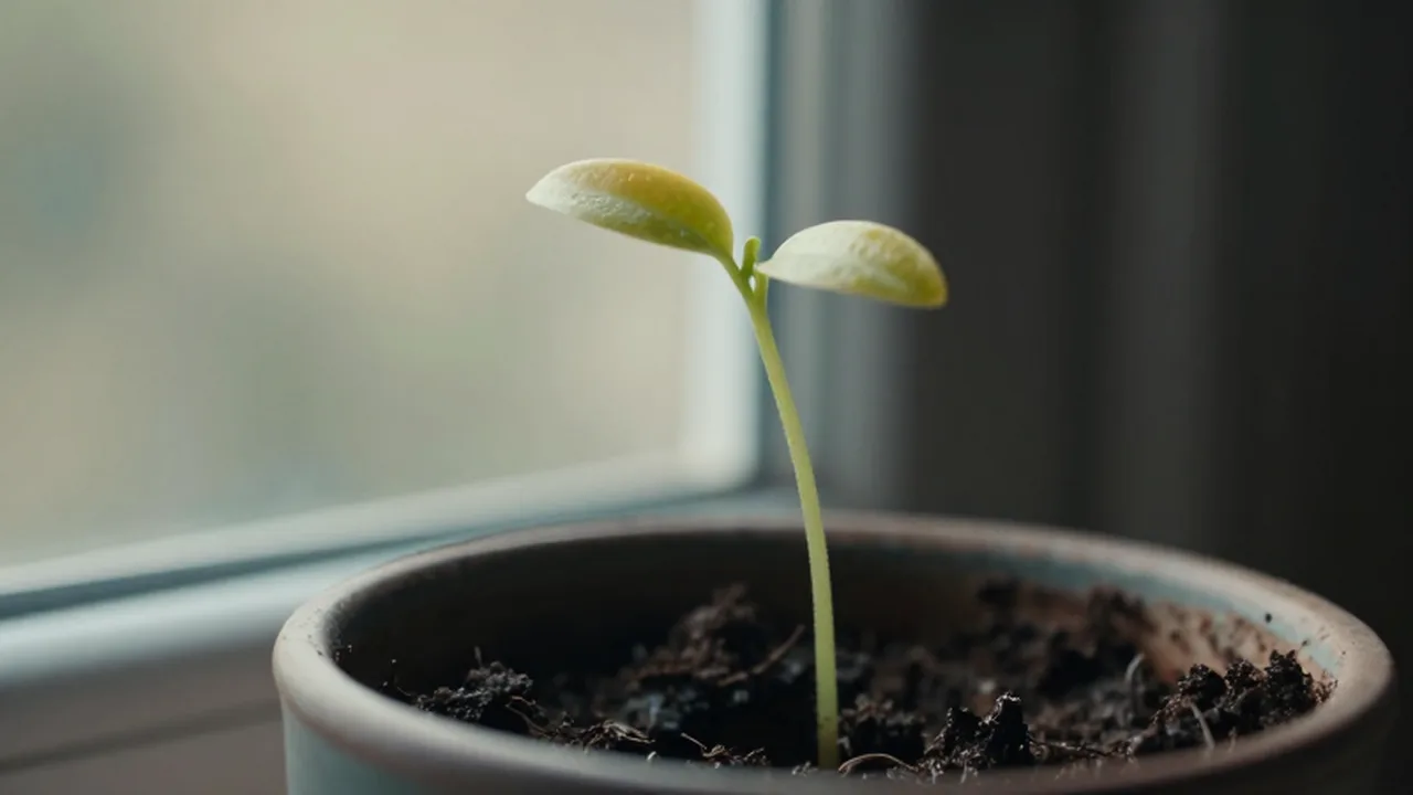 Pequeño brote de planta con tallo alargado y hojas amarillentas buscando la luz junto a una ventana.