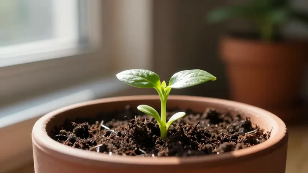 Pequeño brote de planta verde creciendo en una maceta de barro sobre un alféizar soleado.