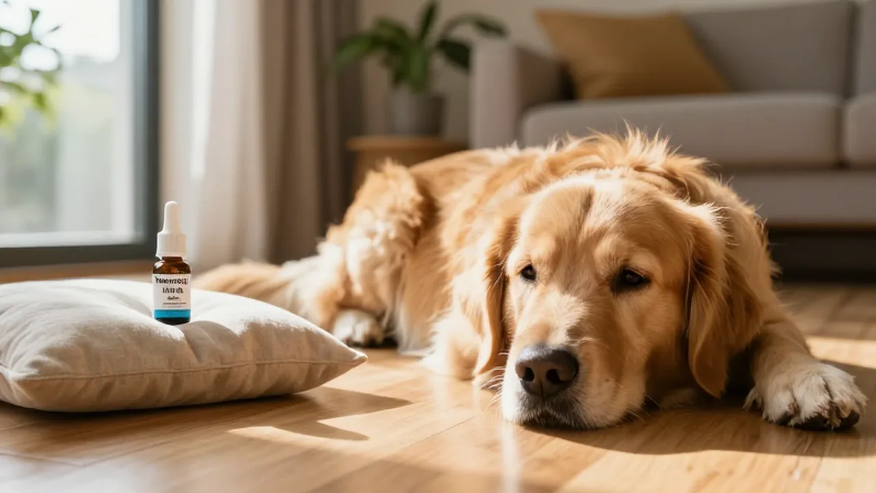 Golden retriever descansando en un salón luminoso junto a un frasco de pipetas veterinarias.
