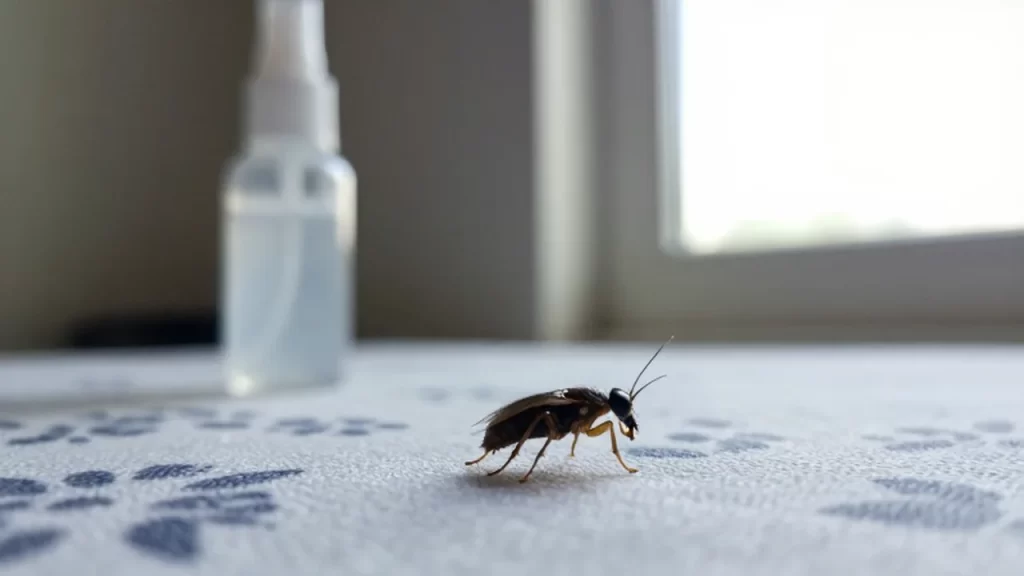 Una pulga pequeña salta sobre una tela estampada cerca de un pulverizador de insecticida.