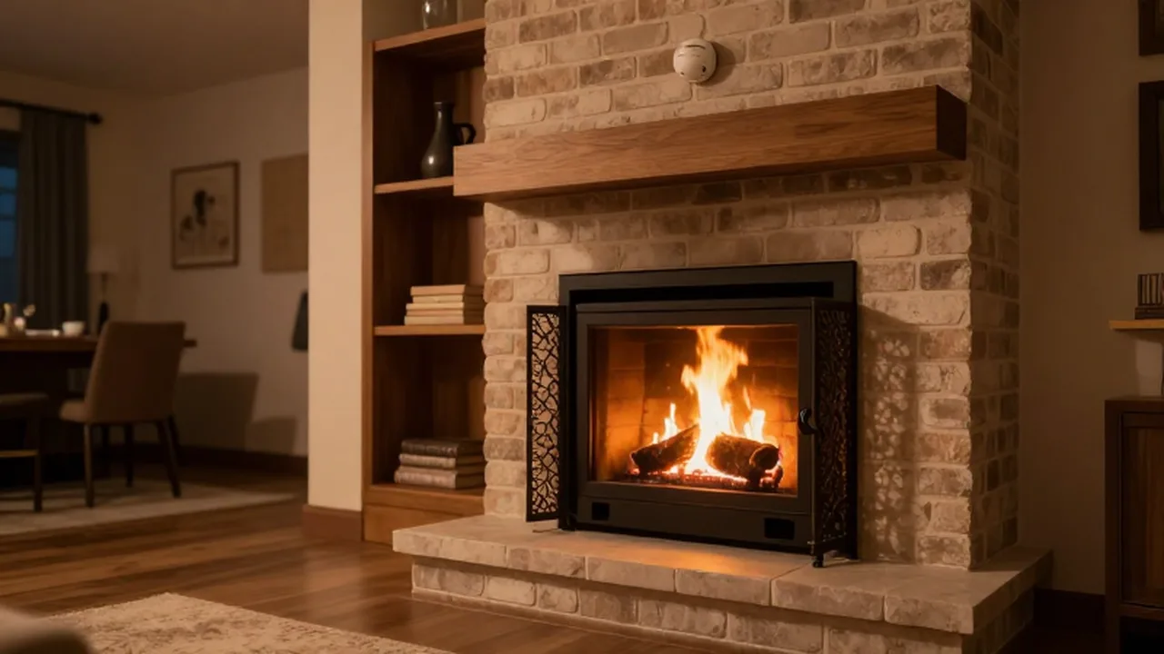 Chimenea de hierro moderna con fuego encendido en una acogedora sala de estar.