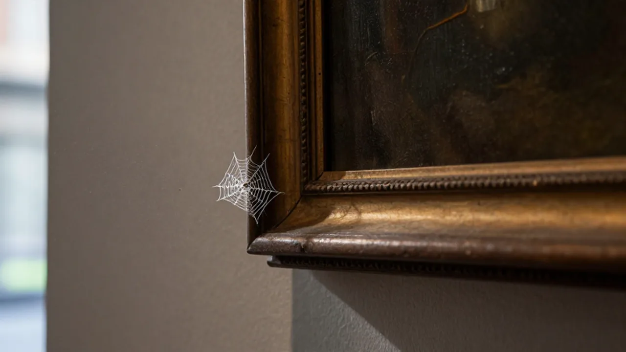 Pintura al óleo antigua en un marco de madera con finas telarañas en una esquina.