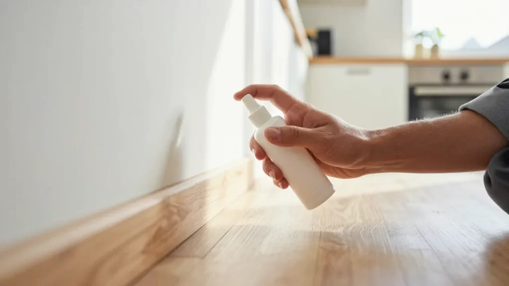 Persona aplicando repelente de insectos no tóxico sobre el rodapié de madera en una cocina luminosa.