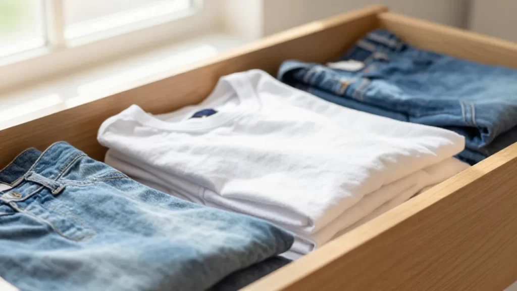 Ropa de algodón y mezclilla doblada verticalmente y organizada en un cajón de madera iluminado.