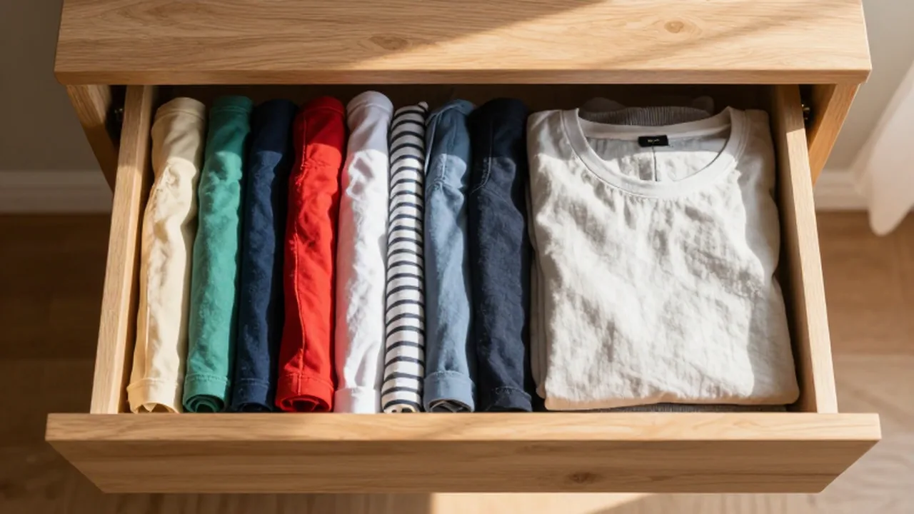 Cajón de madera abierto con camisetas y prendas de lino ordenadas verticalmente.