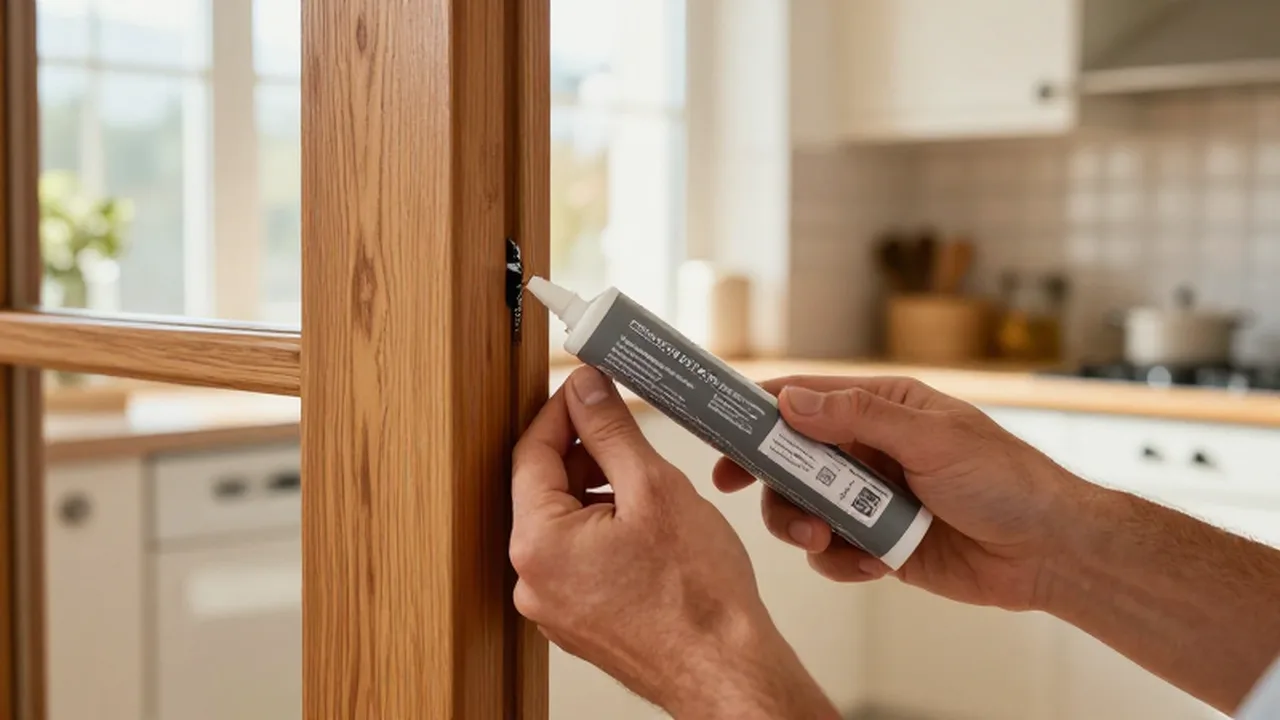 Manos aplicando sellador de silicona gris en la base de una puerta de madera.