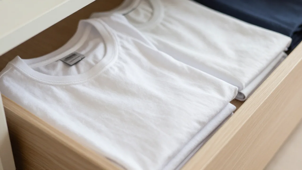 Camisetas de algodón dobladas verticalmente y organizadas con orden dentro de un cajón de madera.