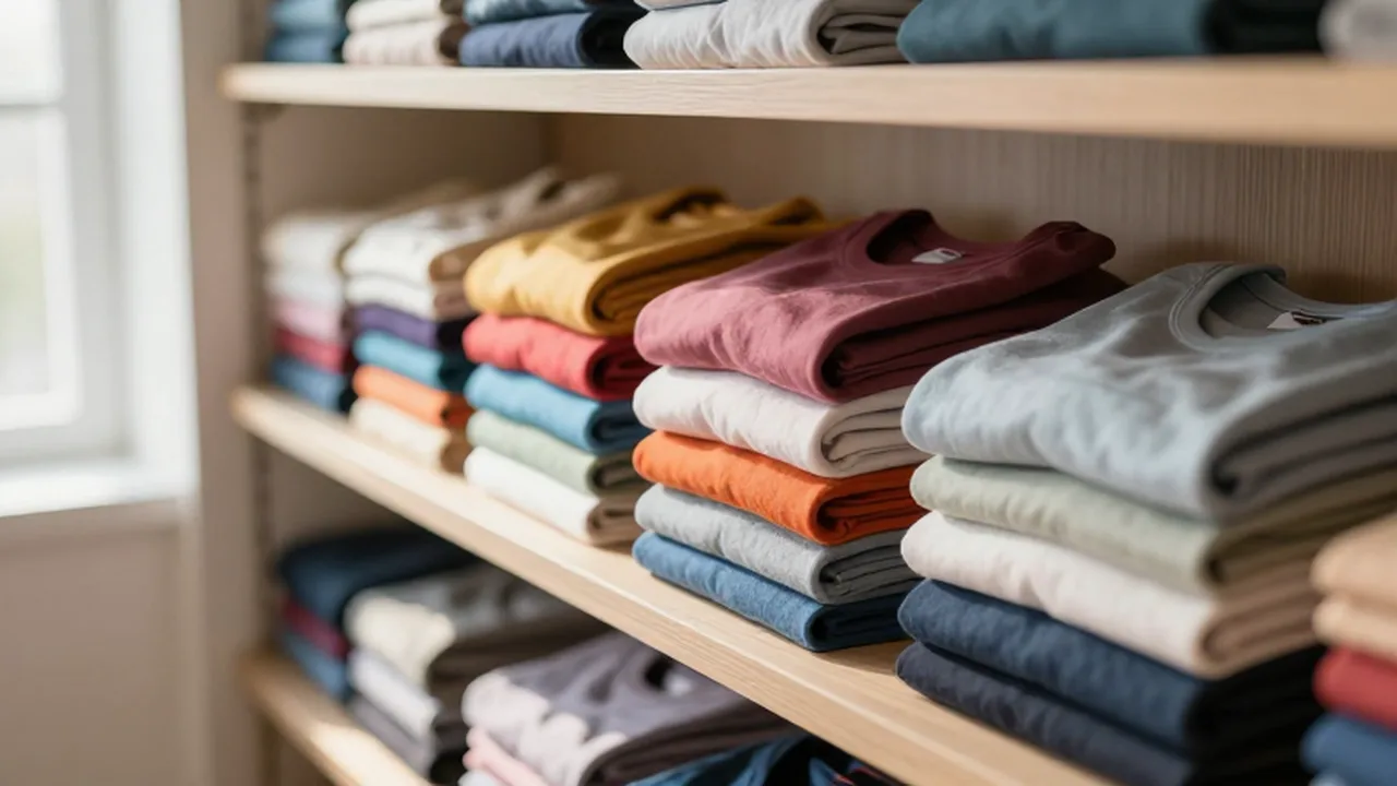 Camisetas de algodón de colores dobladas con orden sobre estantes de madera en un armario.