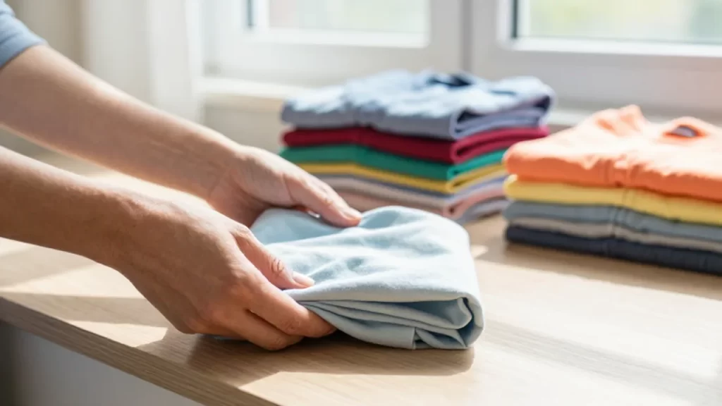 Manos doblando cuidadosamente una camiseta de algodón sobre una mesa de madera clara.