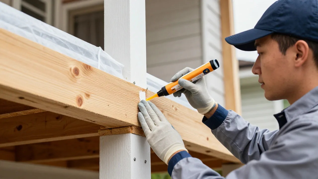 Un técnico de control de plagas instala una barrera protectora sobre una viga de madera.
