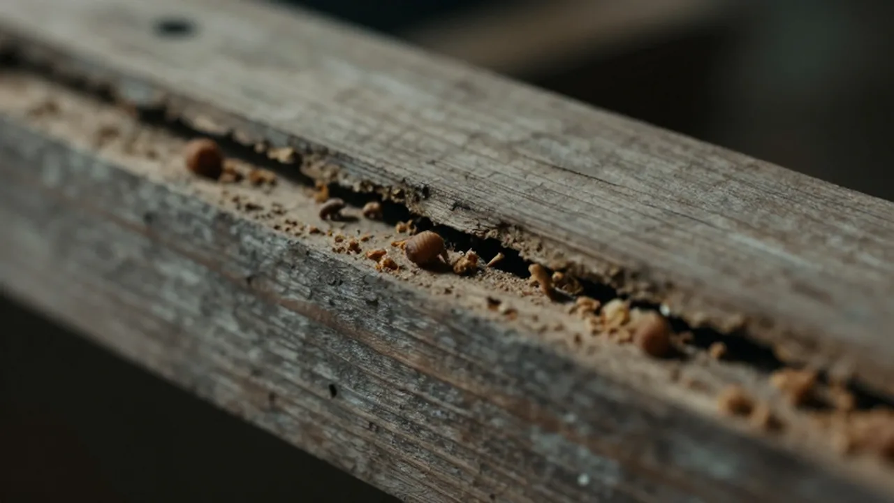 Primer plano de una viga de madera dañada con túneles de termitas y serrín.