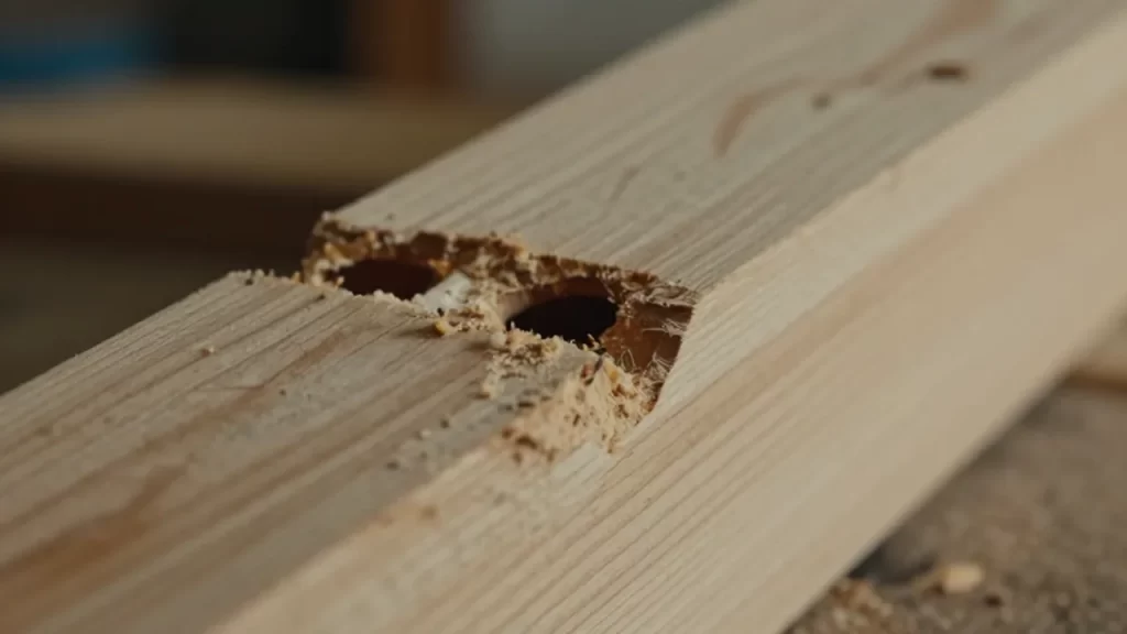 Vigas de madera dañadas por termitas con túneles visibles y restos de serrín.