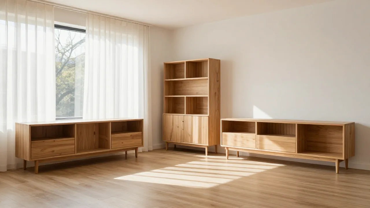Salón luminoso con muebles de madera clara y luz natural filtrándose por cortinas blancas.