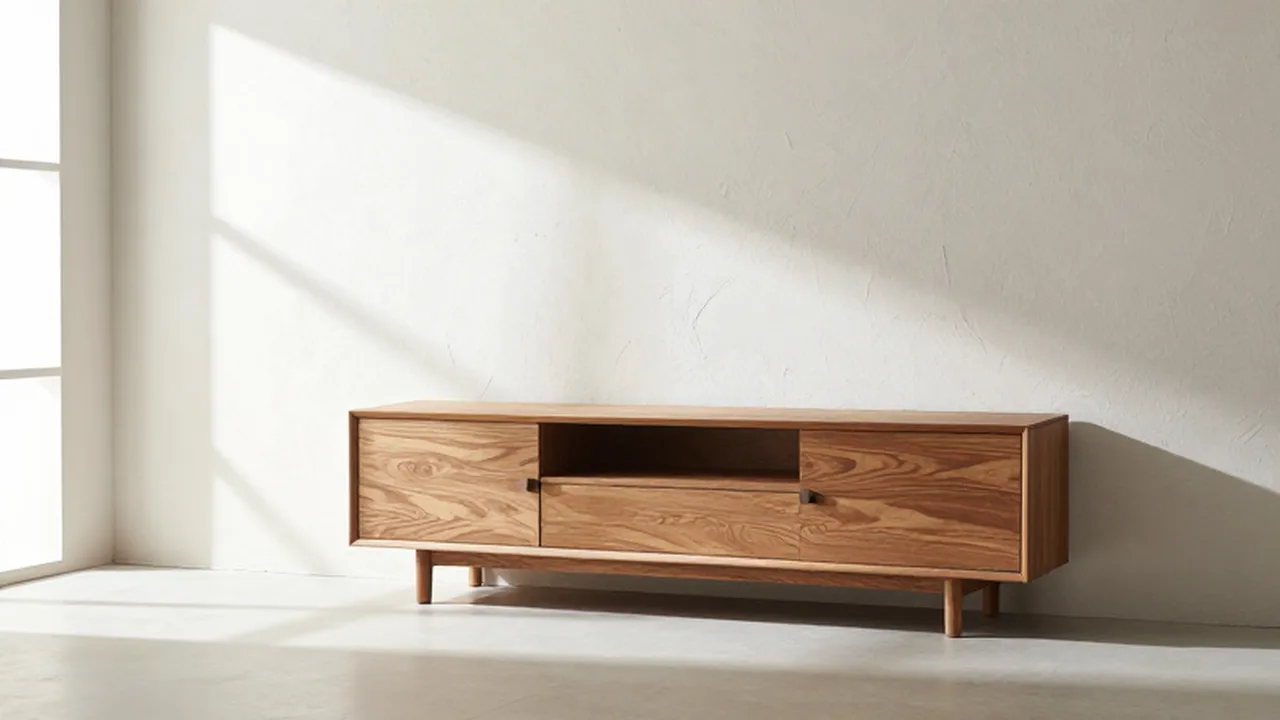 Aparador de madera minimalista frente a una pared de yeso texturizado en un salón luminoso.