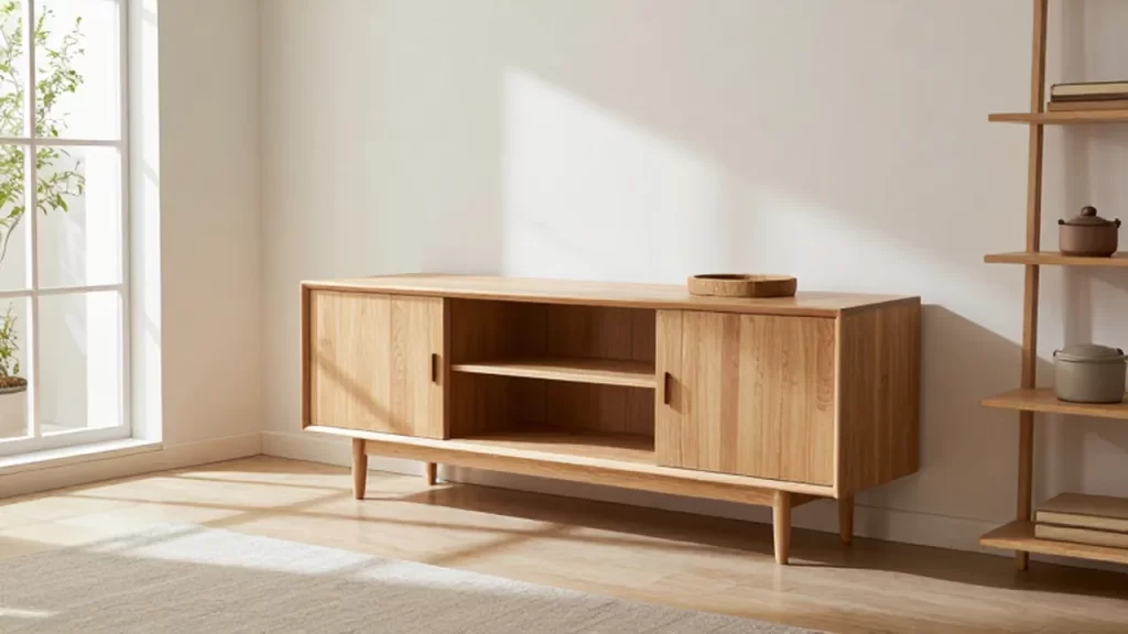 Salón luminoso con muebles de madera clara y estanterías minimalistas bañados por la luz natural.