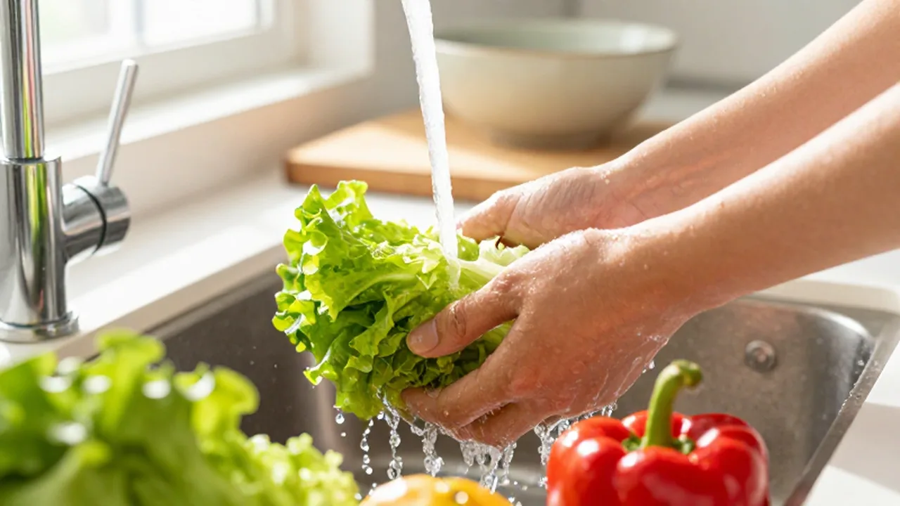 Manos lavando lechuga fresca y pimientos rojos bajo un chorro de agua en una cocina luminosa.