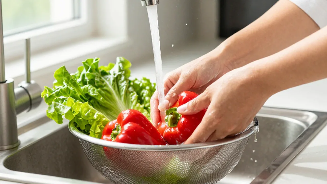 Manos lavando lechuga y pimientos bajo un chorro de agua en una cocina luminosa.