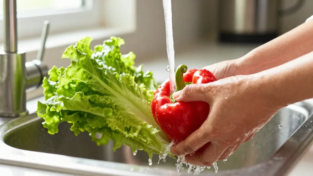 Lechuga y pimientos rojos siendo lavados bajo un chorro de agua en un fregadero.