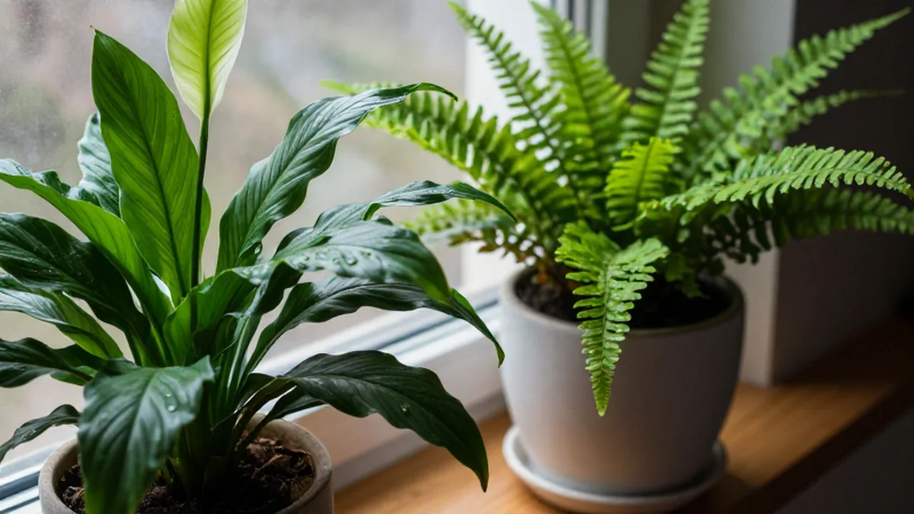 Lirio de la paz y un helecho con gotas de agua en macetas sobre un alféizar de madera.