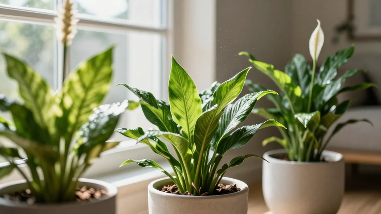 Plantas verdes de Sansevieria y Espatifilo en macetas de cerámica bajo la luz del sol.