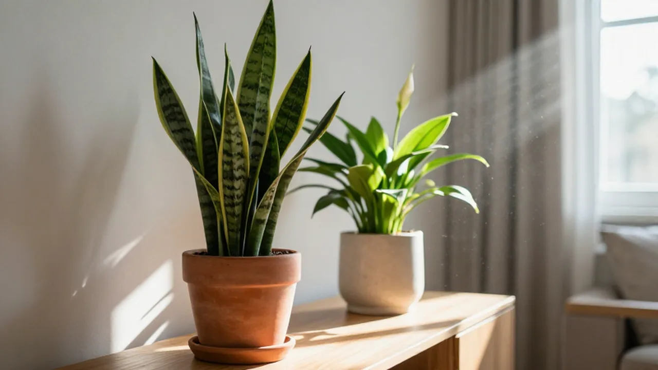 Plantas de sansevieria y lirios de la paz en macetas sobre un mueble de madera.