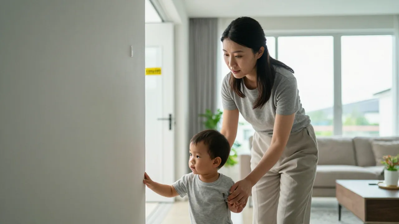 Madre protectora guiando de la mano a su hijo pequeño lejos de una habitación cerrada.