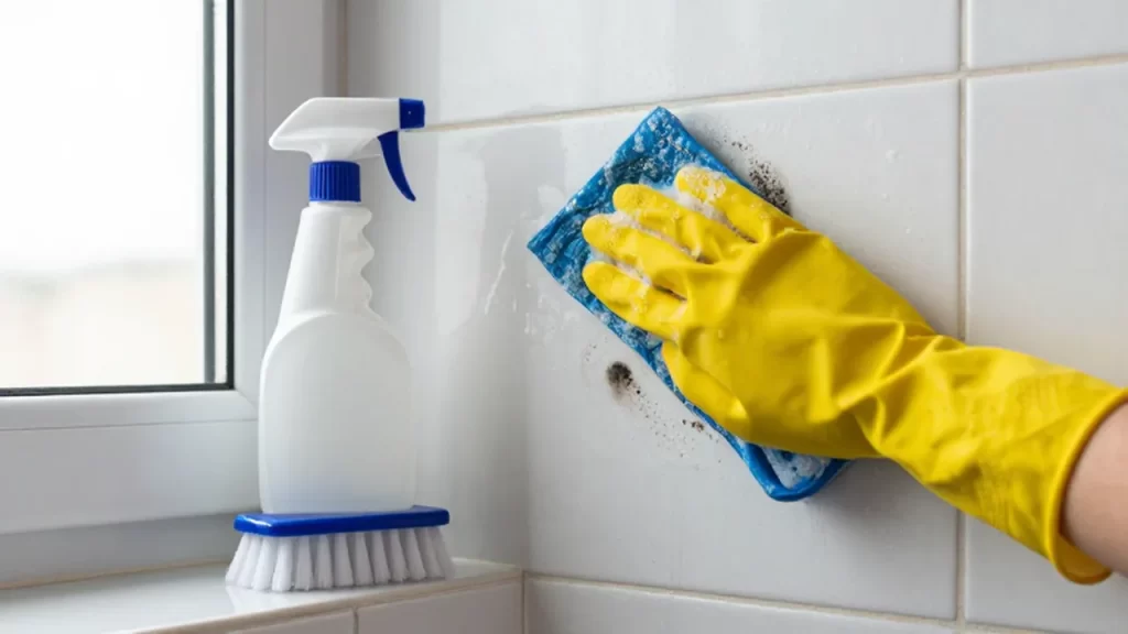 Persona con guantes amarillos limpiando manchas de moho en un azulejo blanco con un cepillo.