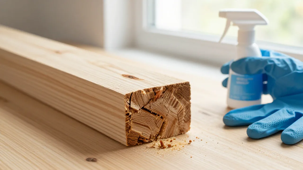 Viga de madera dañada por termitas junto a un pulverizador de control de plagas.