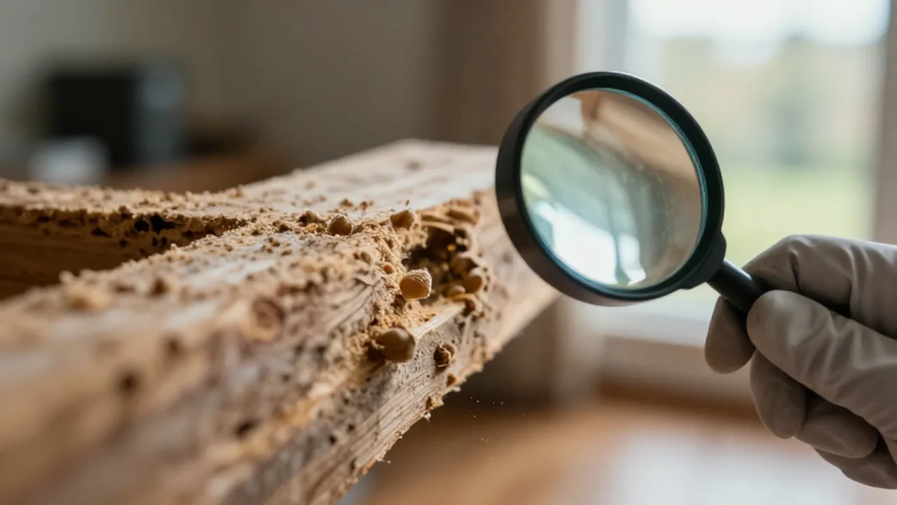 Un exterminador inspecciona con una lupa el daño por termitas y el aserrín en una viga de madera.
