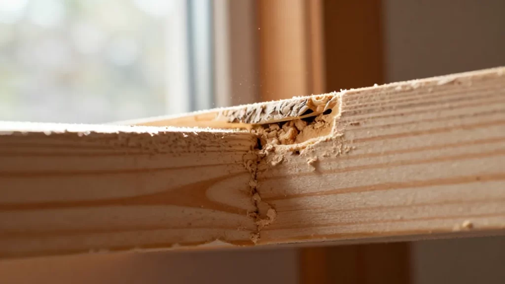 Primer plano de una viga de madera de pino con pequeños túneles y daños causados por termitas.