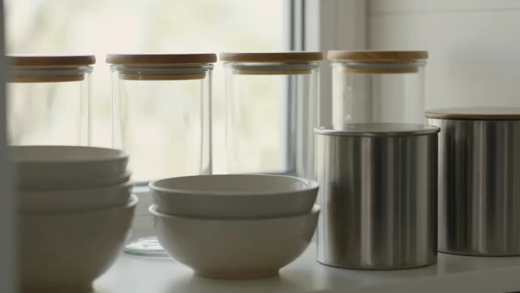 Contenedores de cristal con tapas de bambú y cuencos cerámicos organizados en una despensa minimalista.