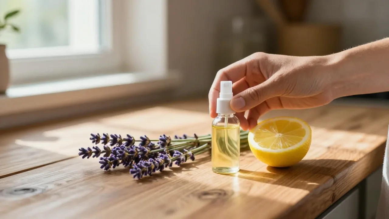 Manos colocando un pequeño frasco de aceite esencial junto a lavanda y limón sobre madera.