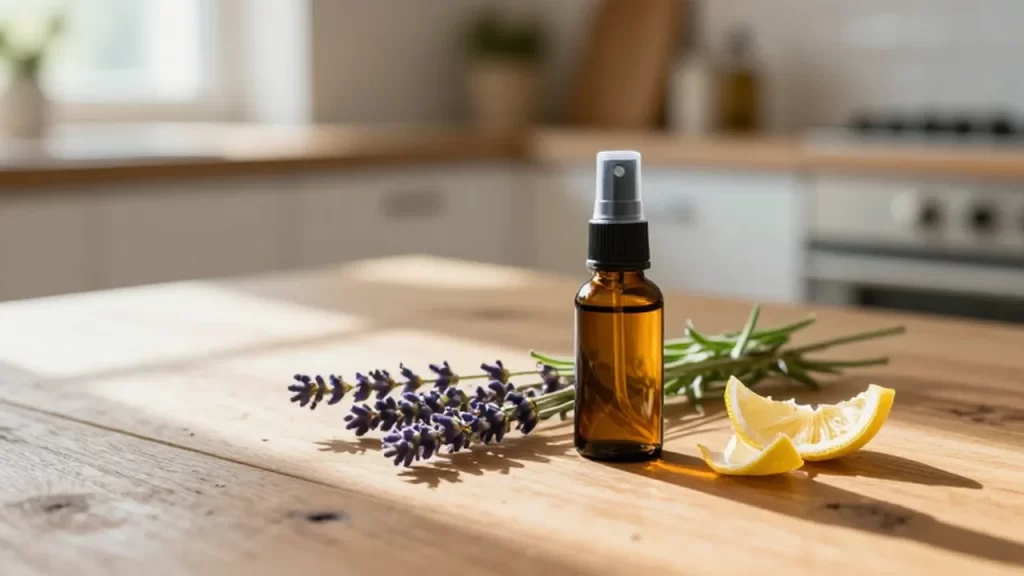 Botella de vidrio con aceite esencial ámbar junto a lavanda fresca y cáscaras de limón sobre madera.