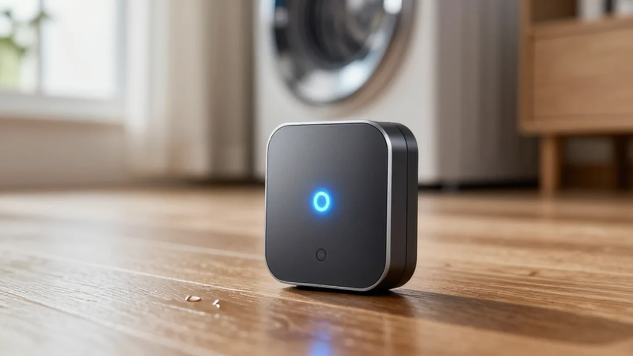 Sensor inteligente de detección de fugas con luz azul sobre un suelo de madera.