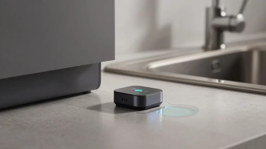 Sensor inteligente de detección de fugas con luz LED junto a un pequeño charco bajo un fregadero.