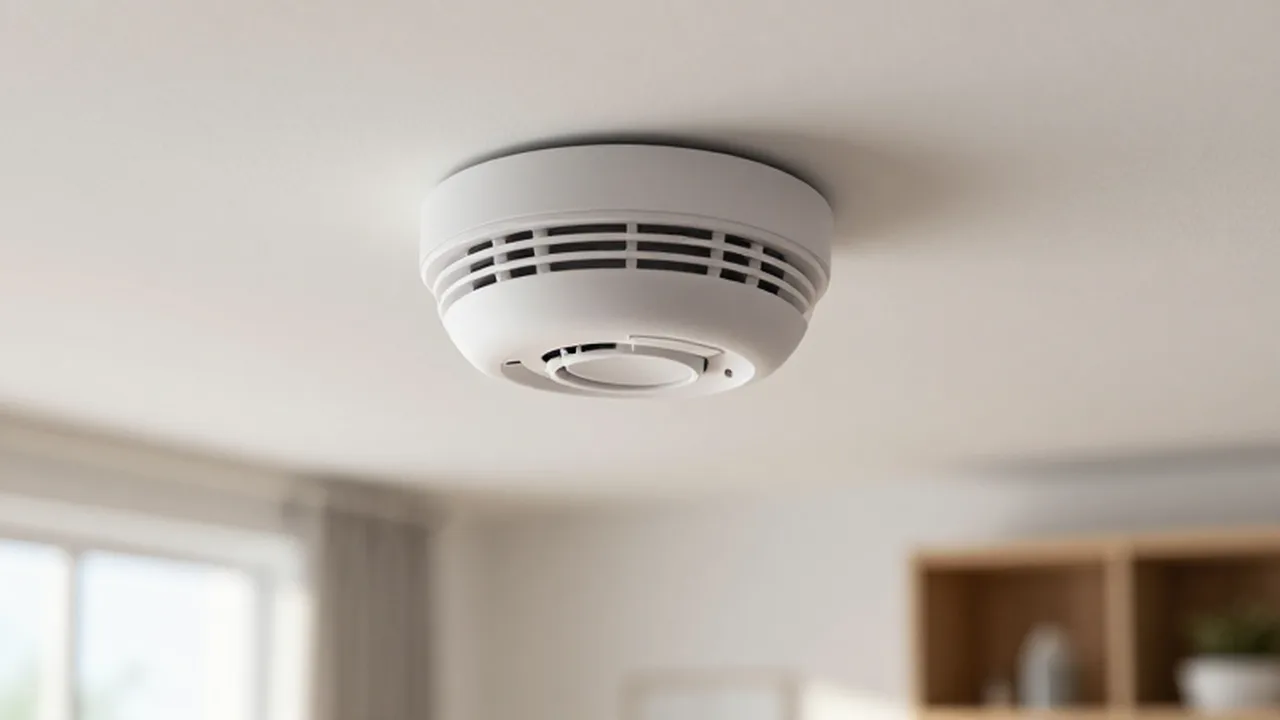 Detector de humo blanco instalado en un techo liso de una sala iluminada.